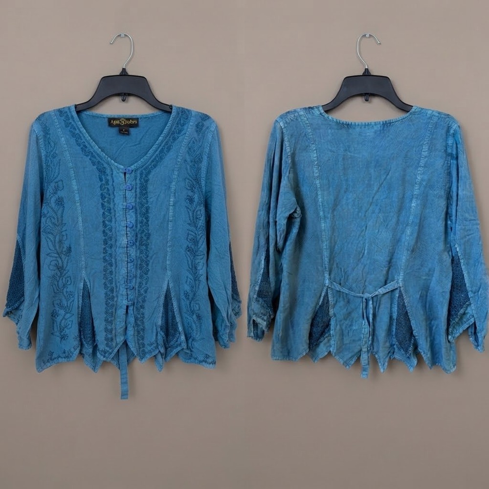 Agan Traders Blue Embroidered Top Boho Crochet Medieval Renaissance Fairy Large